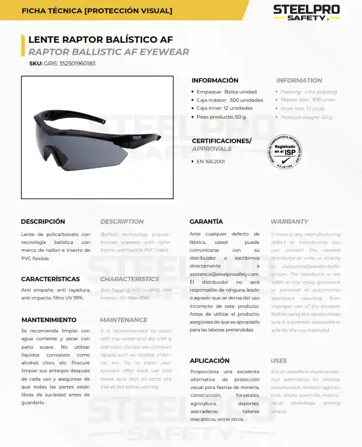 Lente De Seguridad Raptor Balistico Af - Imagen 3