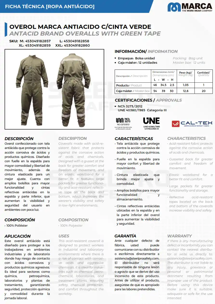 Overol Antiacido Marca C/Cinta Verde - Imagen 3
